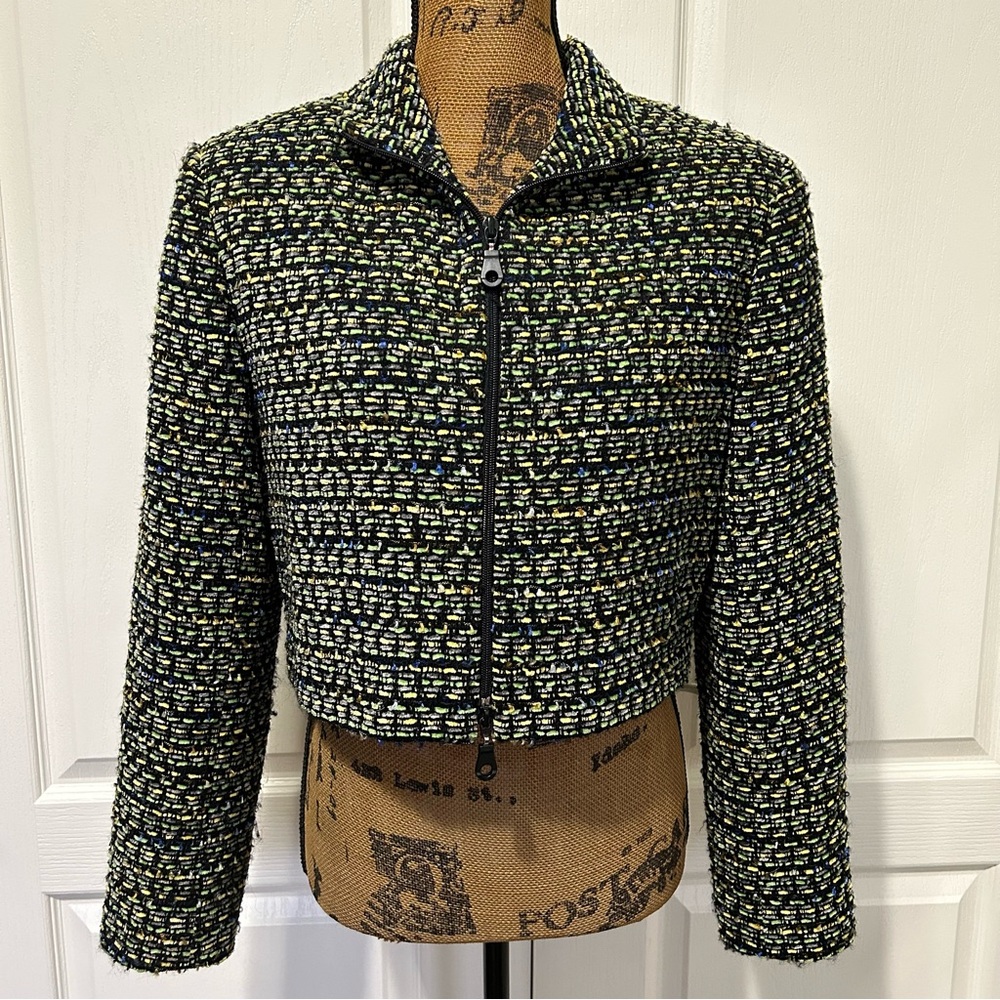 Emil Rutenberg Collection Wool Blend Black Boucle Cropped Zip Front Jacket Small